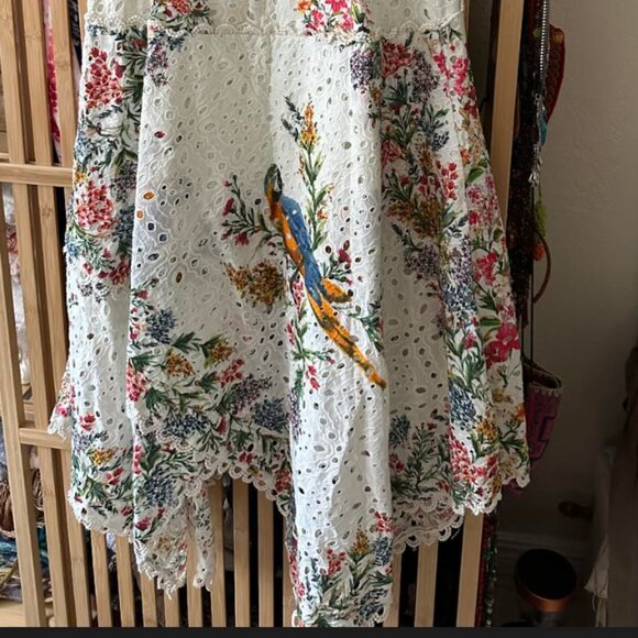 Farm Rio Delicate Forest Scarves Eyelet Asymmetrical Midi Dress off white , Larg - Picture 4 of 4